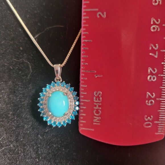 Sleeping Beauty Turquoise and Multi Gemstone Double Halo Pendant Necklace - Picture 7 of 8